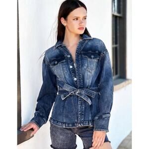 NWT Wash Lab Denim Washed Blue Belted Button Jacket Size L Modern Streetwear